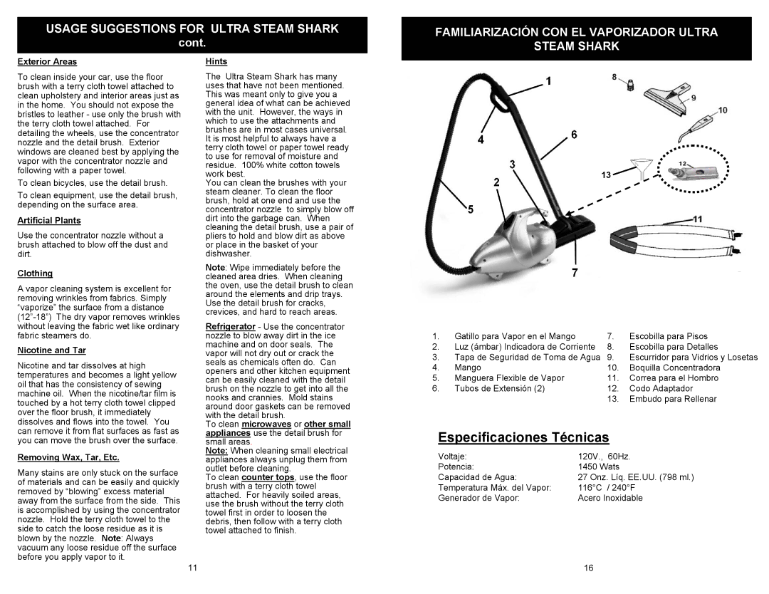 Euro-Pro EP903 Usage Suggestions for Ultra Steam Shark, Cont, Familiarización CON EL Vaporizador Ultra Steam Shark 