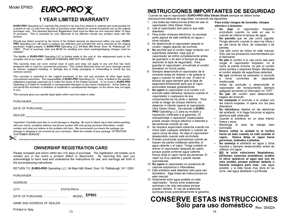 Euro-Pro EP903 owner manual Instrucciones Importantes DE Seguridad 