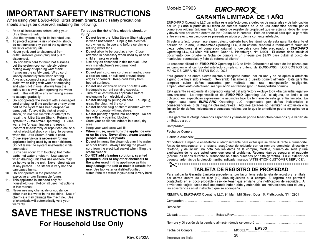 Euro-Pro EP903 owner manual Important Safety Instructions 