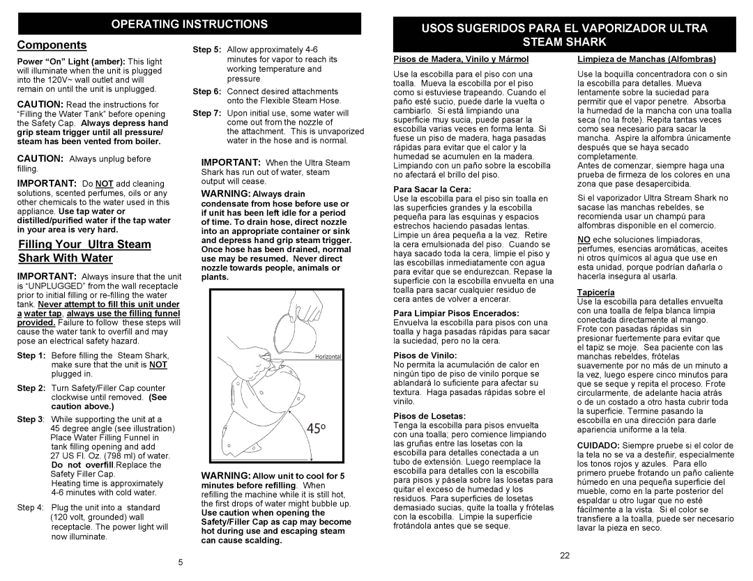 Euro-Pro EP903 owner manual Components, Filling Your Ultra Steam Shark With Water 