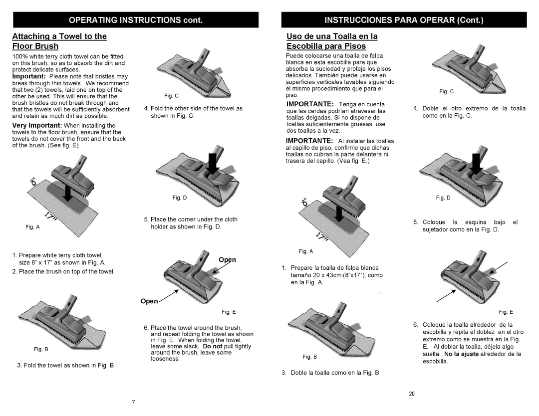 Euro-Pro EP903 owner manual Operating Instructions Instrucciones Para Operar, Attaching a Towel to the Floor Brush 