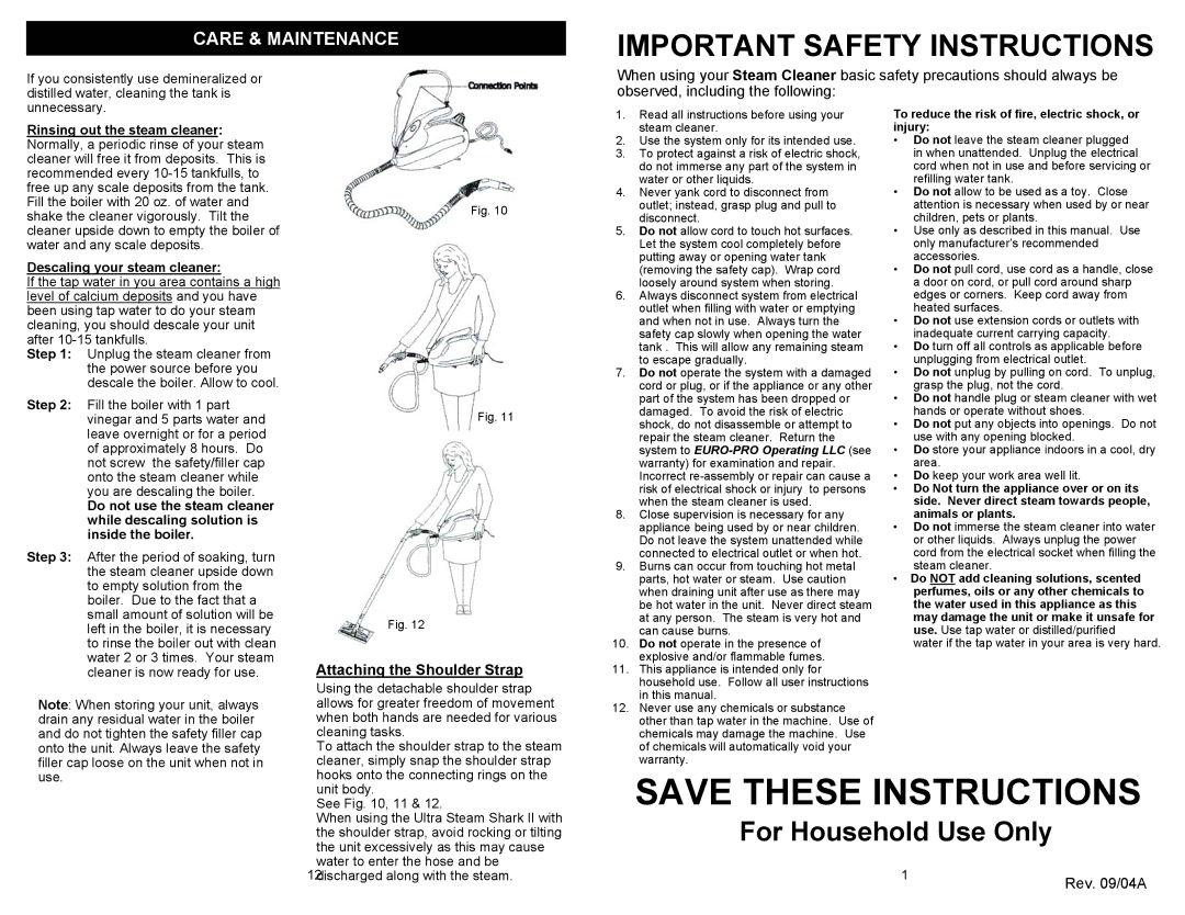 Euro-Pro EP908H owner manual Important Safety Instructions, Attaching the Shoulder Strap 