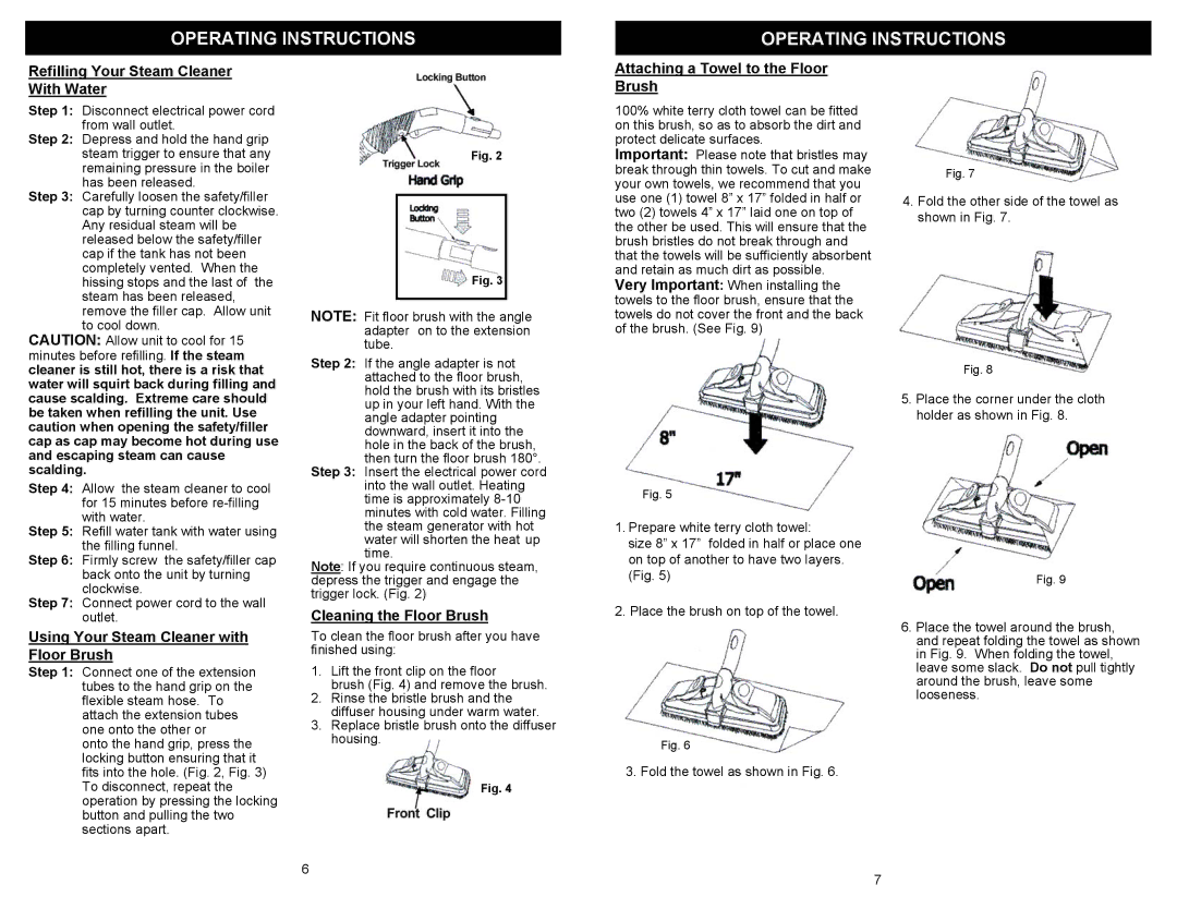 Euro-Pro EP908H Refilling Your Steam Cleaner With Water, Attaching a Towel to the Floor Brush, Cleaning the Floor Brush 