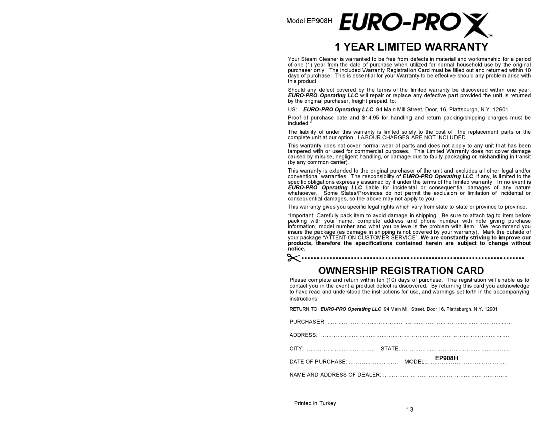 Euro-Pro owner manual Ownership Registration Card, Model EP908H, Year Limited Warranty 