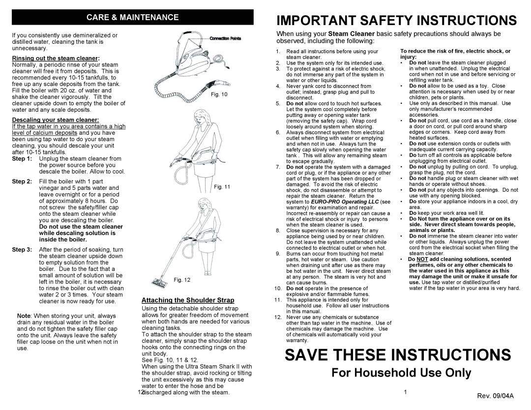 Euro-Pro EP908H Save These Instructions, For Household Use Only, Care & Maintenance, Attaching the Shoulder Strap 