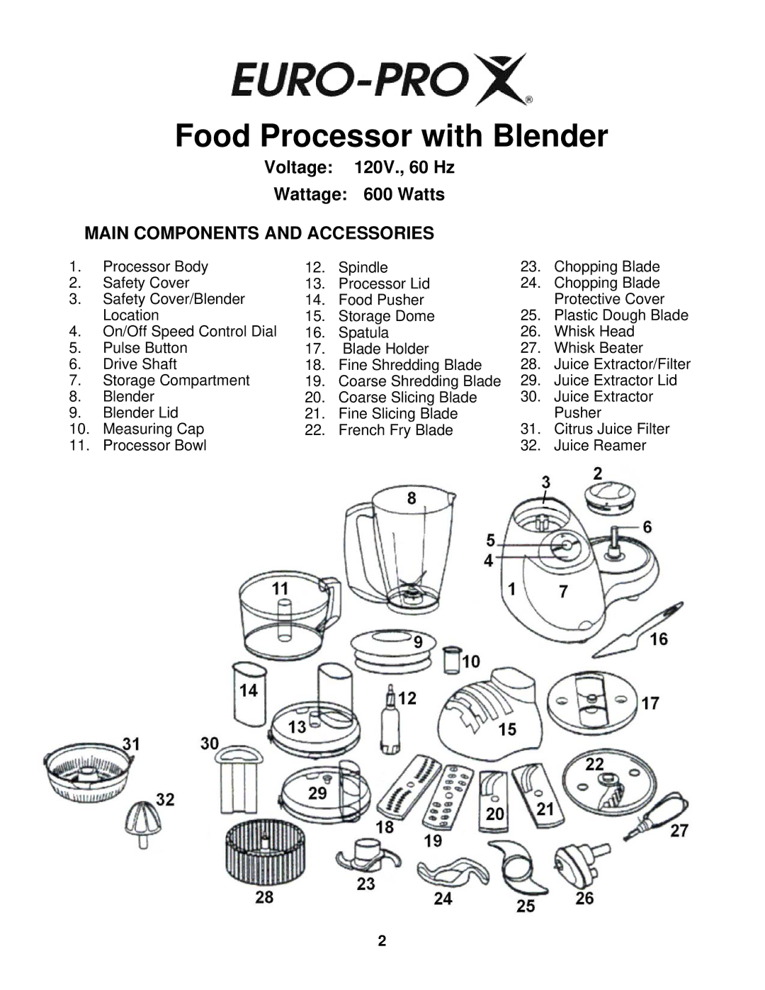 Euro-Pro EP90E instruction manual Food Processor with Blender 