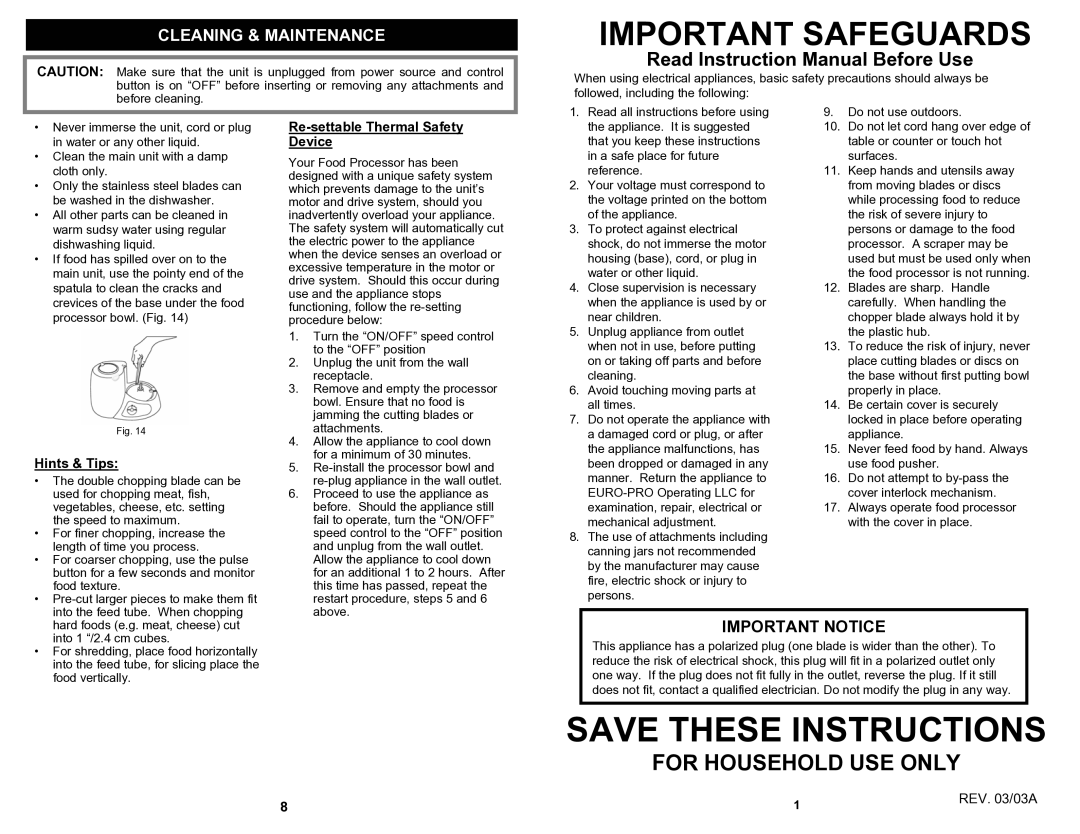 Euro-Pro EP91 Important Safeguards, Cleaning & Maintenance, Hints & Tips, Re-settable Thermal Safety Device, REV /03A 