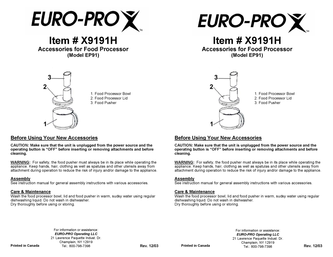 Euro-Pro instruction manual Item # X9191H, Accessories for Food Processor, Model EP91, Assembly, Care & Maintenance 