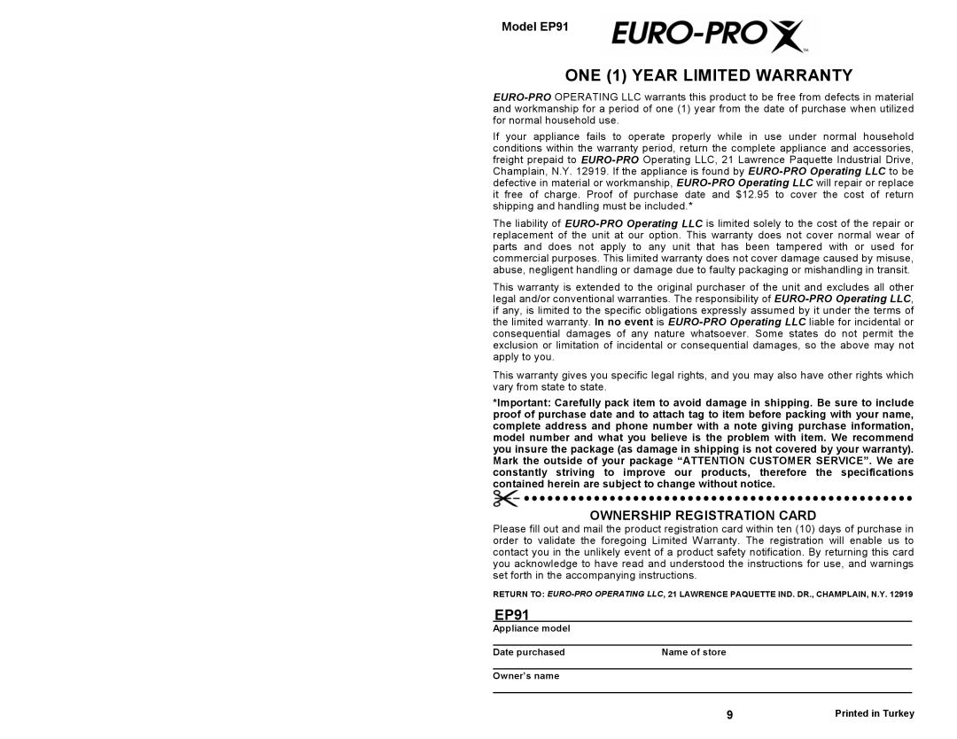 Euro-Pro owner manual Model EP91, ONE 1 YEAR LIMITED WARRANTY, Ownership Registration Card 