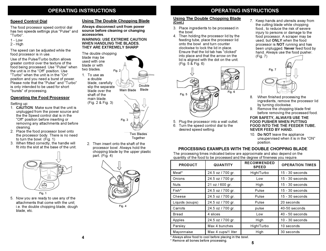 Euro-Pro EP91 Speed Control Dial, Using The Double Chopping Blade, Operating the Food Processor, Operating Instructions 