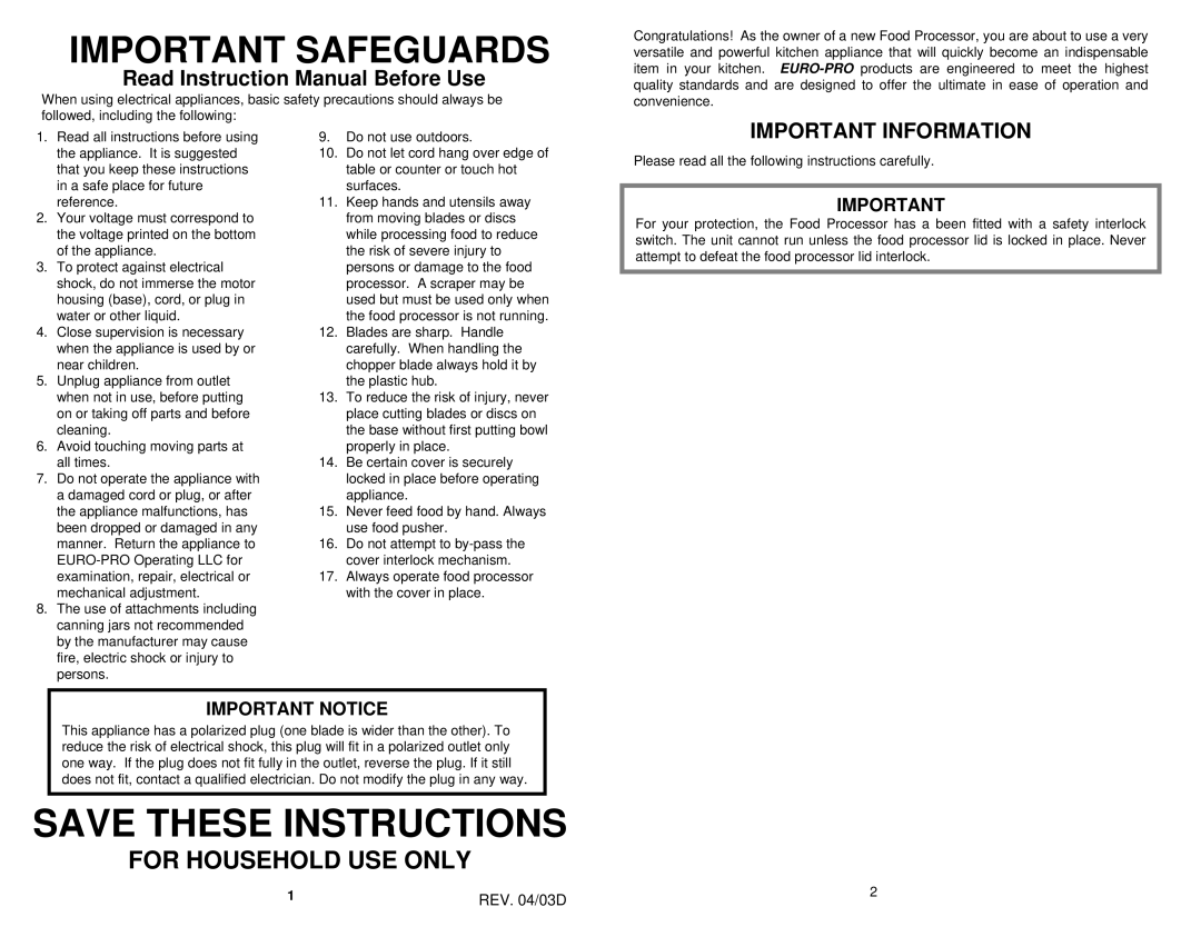 Euro-Pro EP91W owner manual Important Safeguards, REV /03D 