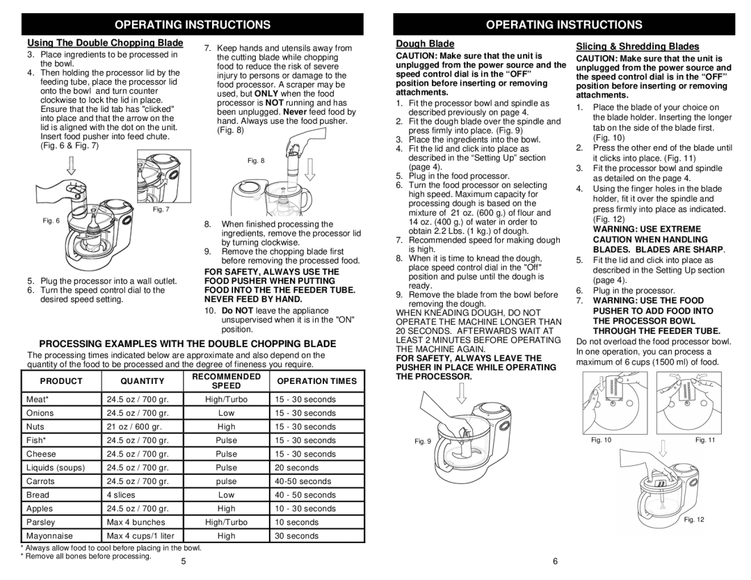 Euro-Pro EP91W owner manual Dough Blade, Slicing & Shredding Blades 