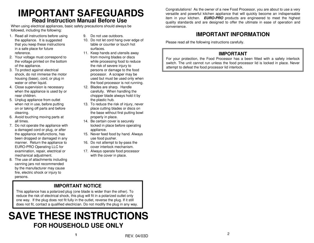 Euro-Pro EP91W Important Information, Save These Instructions, Important Safeguards, For Household Use Only, REV. 04/03D 