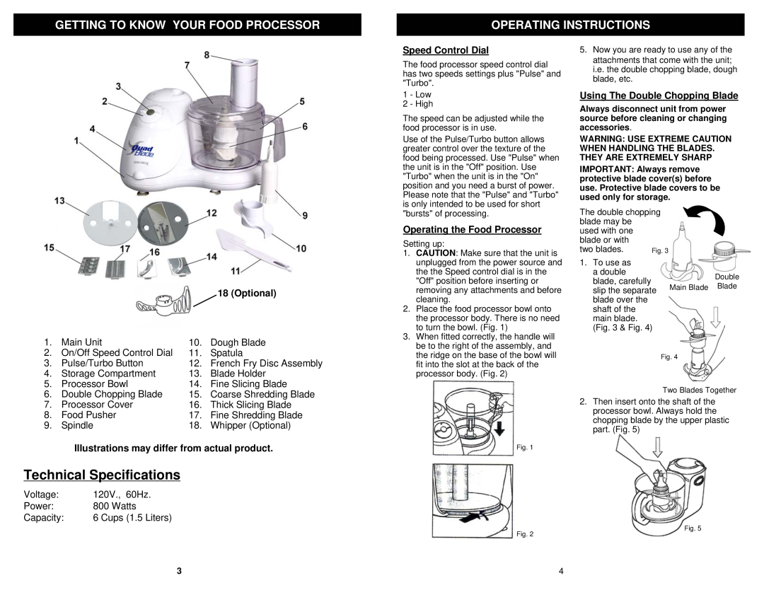 Euro-Pro EP91W Technical Specifications, Getting To Know Your Food Processor, Operating Instructions, Speed Control Dial 