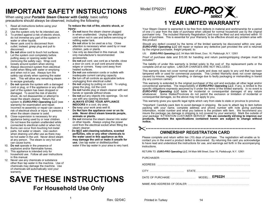 Euro-Pro EP922H owner manual Important Safety Instructions 