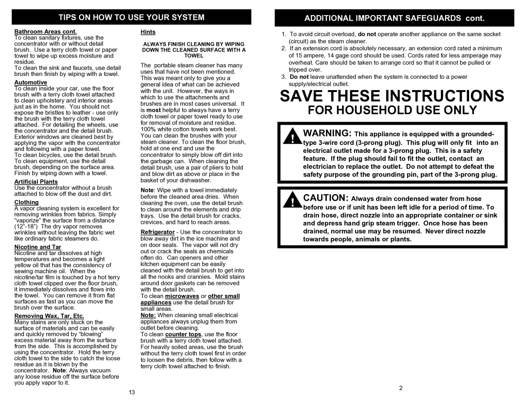 Euro-Pro EP922H owner manual Tips on HOW to USE Your System, Additional Important Safeguards 