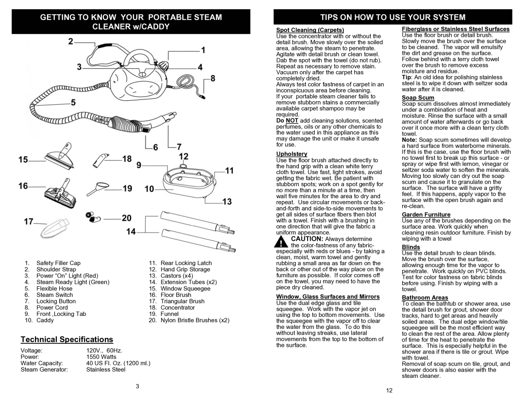 Euro-Pro EP922H owner manual Cleaner w/CADDY, Technical Specifications 