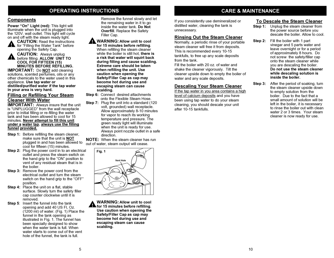 Euro-Pro EP922H owner manual Operating Instructions Care & Maintenance 