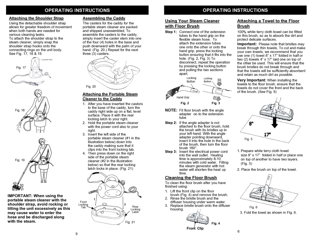 Euro-Pro EP922H owner manual Operating Instructions, Using Your Steam Cleaner with Floor Brush, Cleaning the Floor Brush 