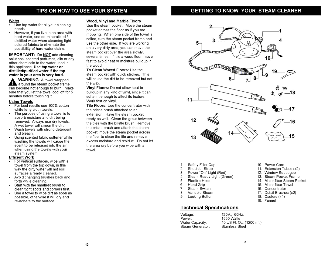 Euro-Pro EP922HA owner manual Water, Using Towels, Efficient Work, Wood, Vinyl and Marble Floors 