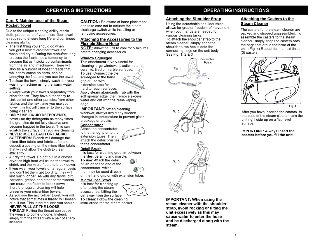 Euro-Pro EP922HA Operating Instructions, Care & Maintenance of the Steam Pocket Towel, Attaching the Shoulder Strap 