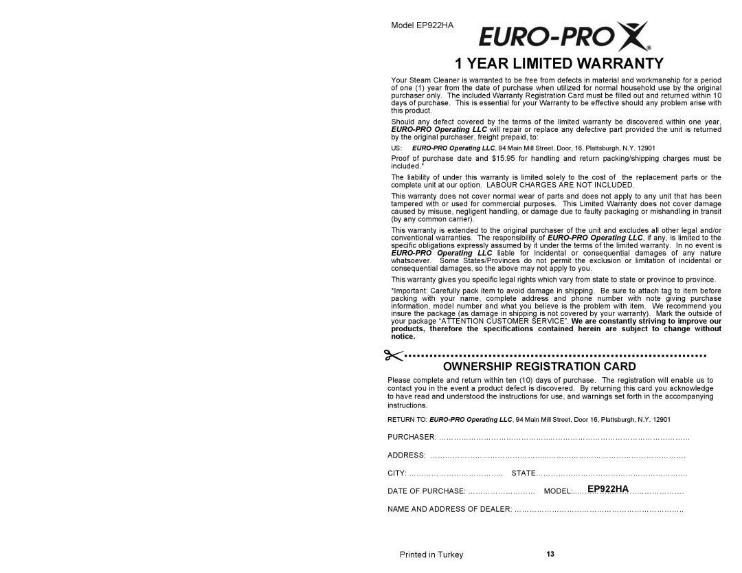 Euro-Pro EP922HA owner manual Ownership Registration Card, Printed in Turkey, Year Limited Warranty 