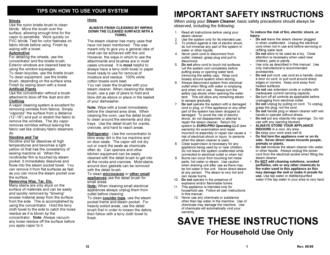Euro-Pro EP922HA Save These Instructions, Important Safety Instructions, For Household Use Only, Blinds, Hints, Automotive 