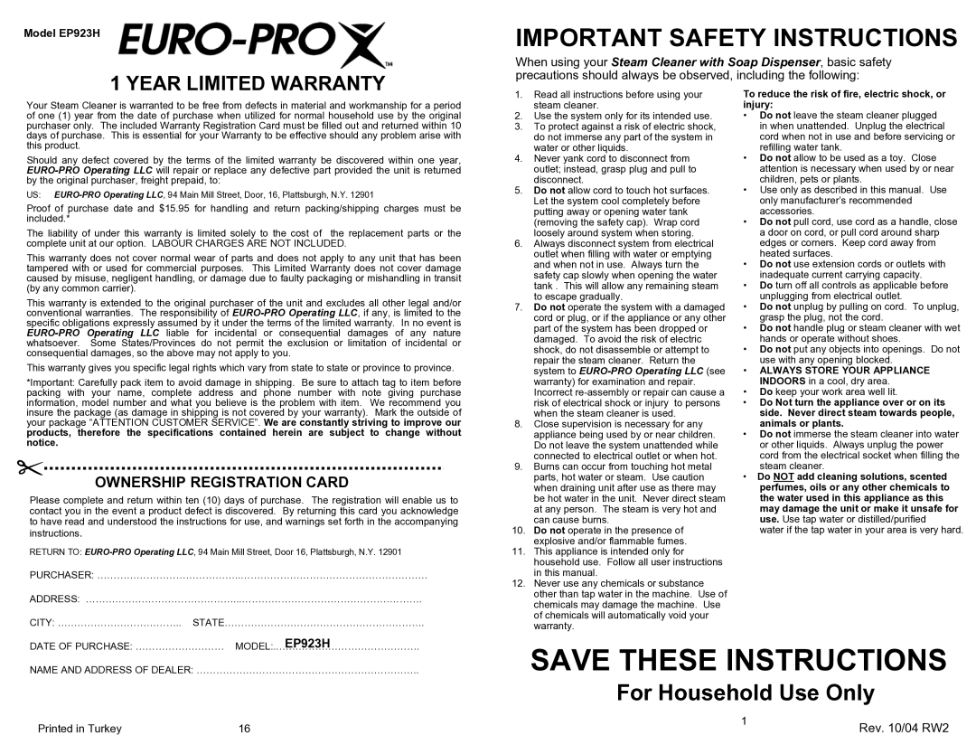 Euro-Pro owner manual Important Safety Instructions, Model EP923H 