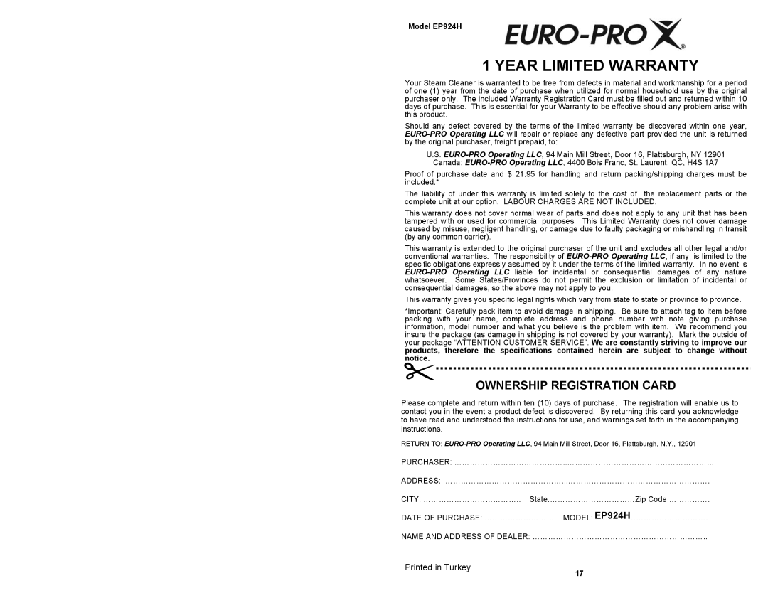 Euro-Pro EP924H owner manual Year Limited Warranty 