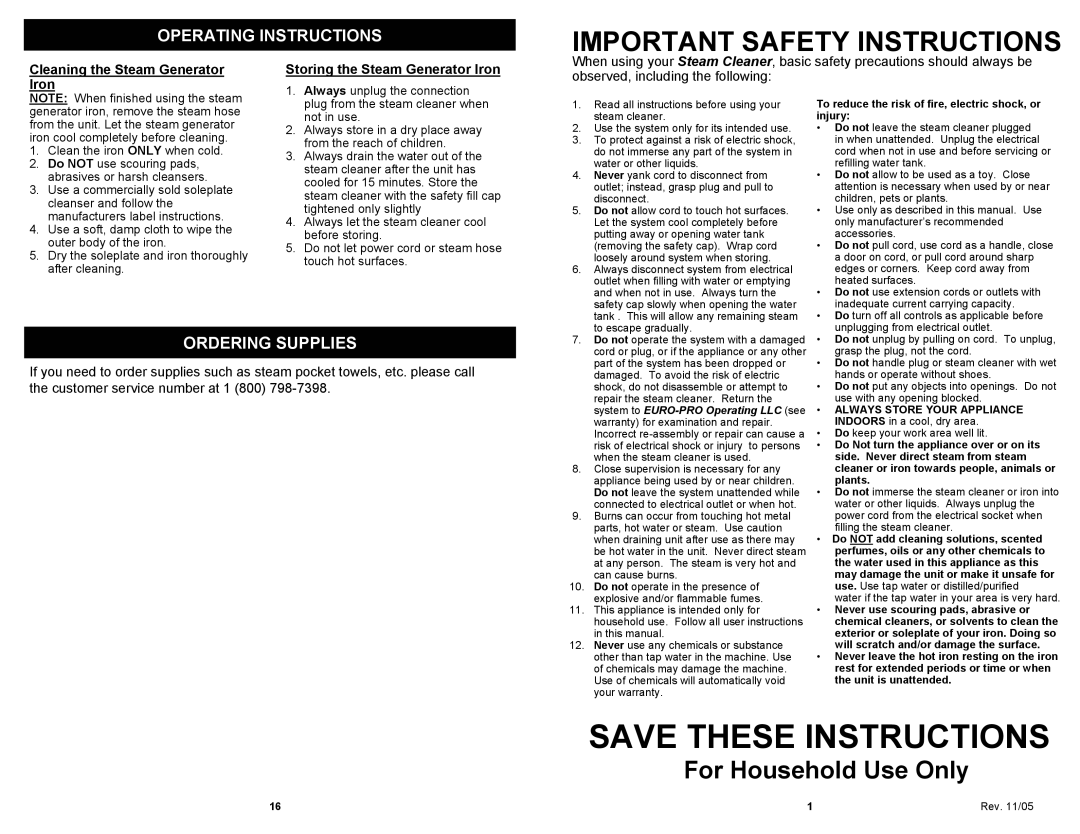 Euro-Pro EP924H owner manual Operating Instructions, Ordering Supplies 