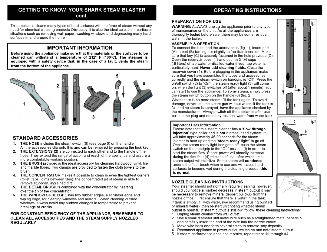 Euro-Pro EP95B Cont, Important Information, Standard Accessories, Operating Instructions, Important User Information 