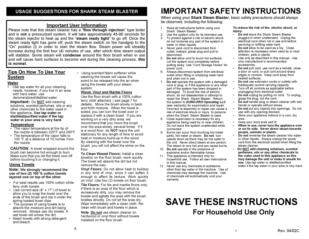 Euro-Pro EP95B owner manual Save These Instructions, For Household Use Only, Usage Suggestions For Shark Steam Blaster 
