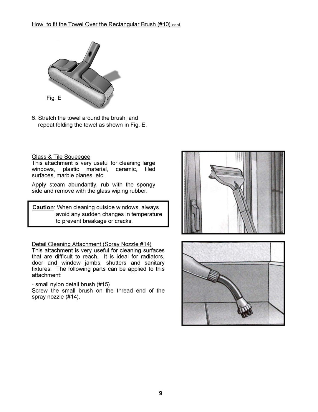 Euro-Pro EP961 warranty How to fit the Towel Over the Rectangular Brush #10 cont Fig. E, Glass & Tile Squeegee 