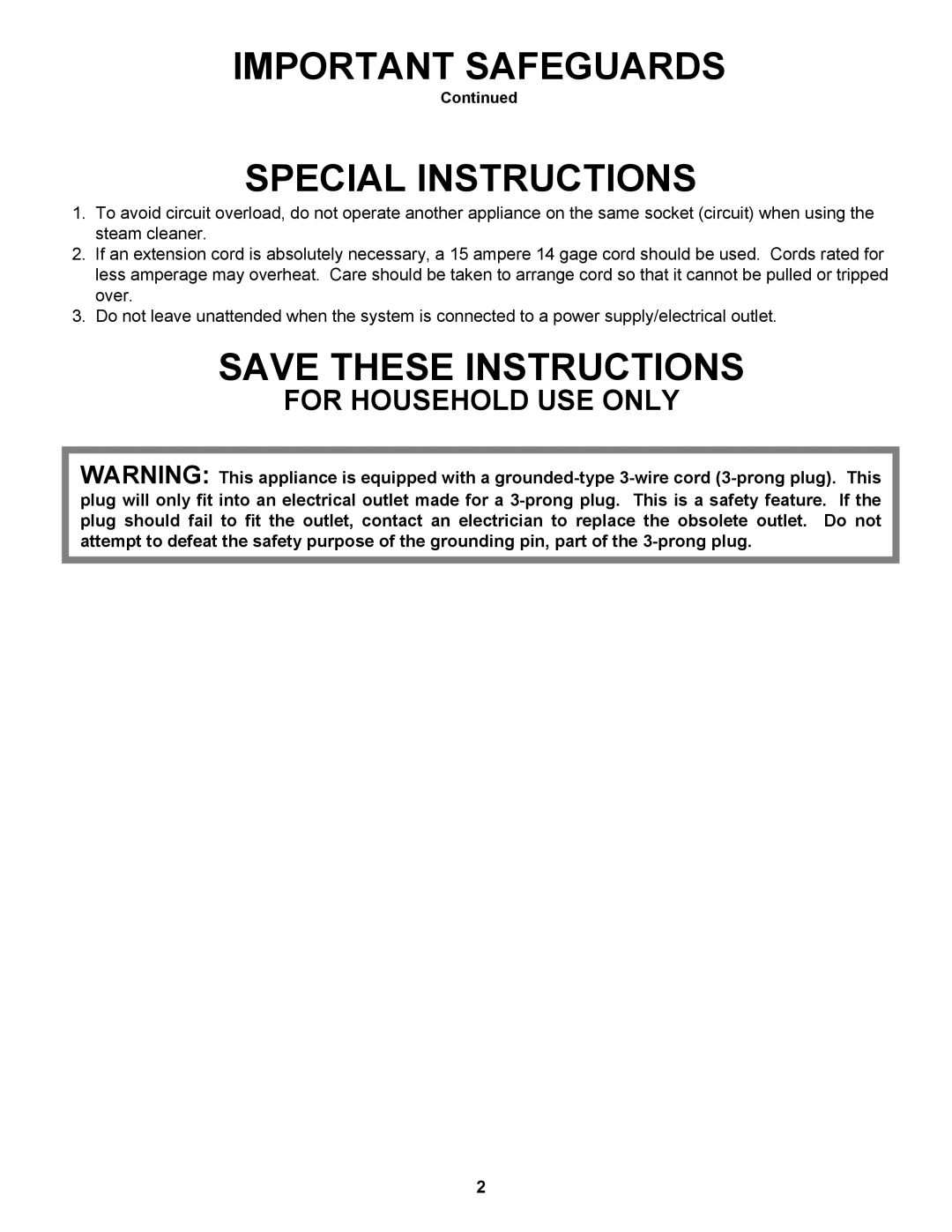 Euro-Pro EP961 Special Instructions, For Household Use Only, Important Safeguards, Save These Instructions, Continued 