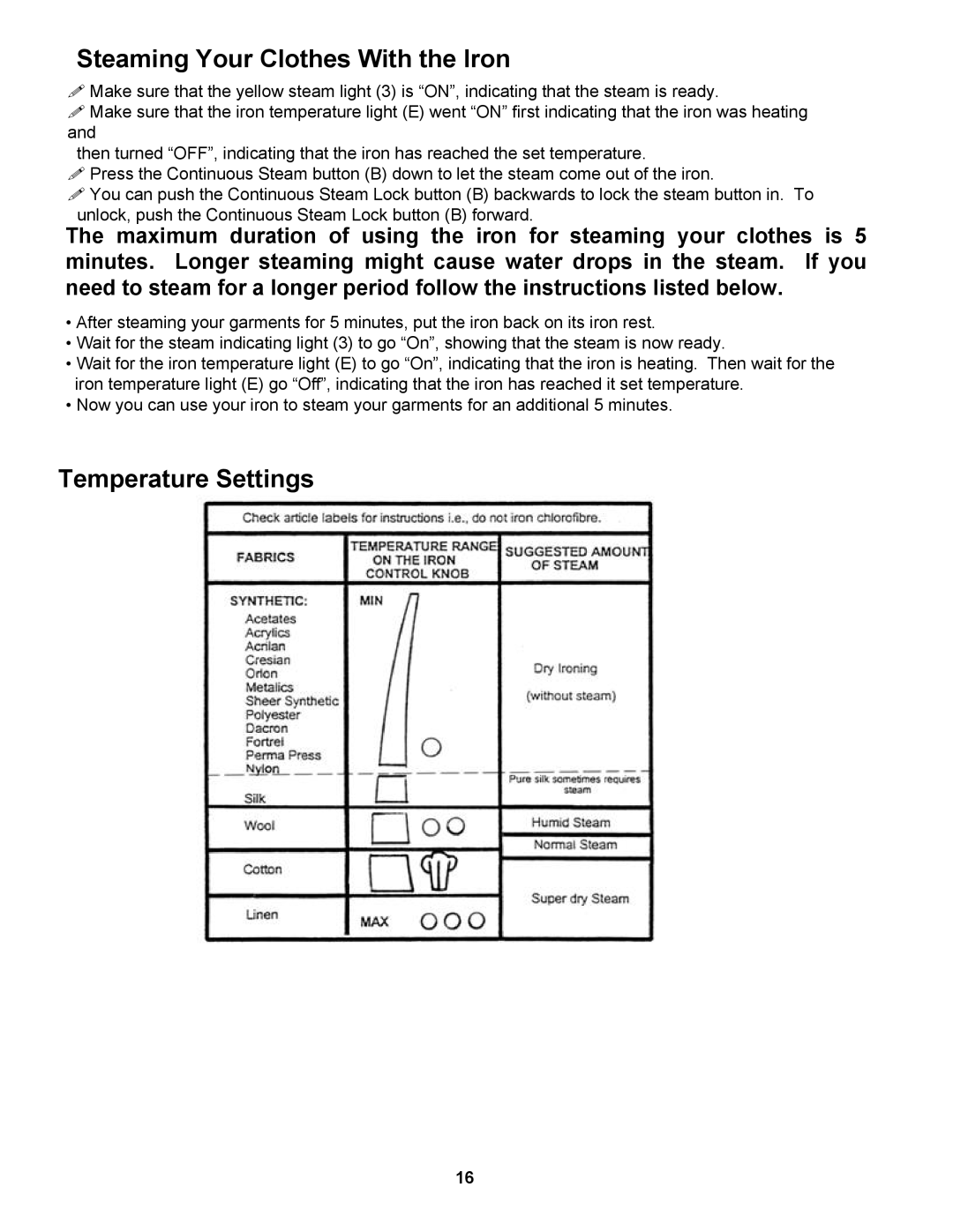 Euro-Pro EP965 warranty Steaming Your Clothes With the Iron, Temperature Settings 