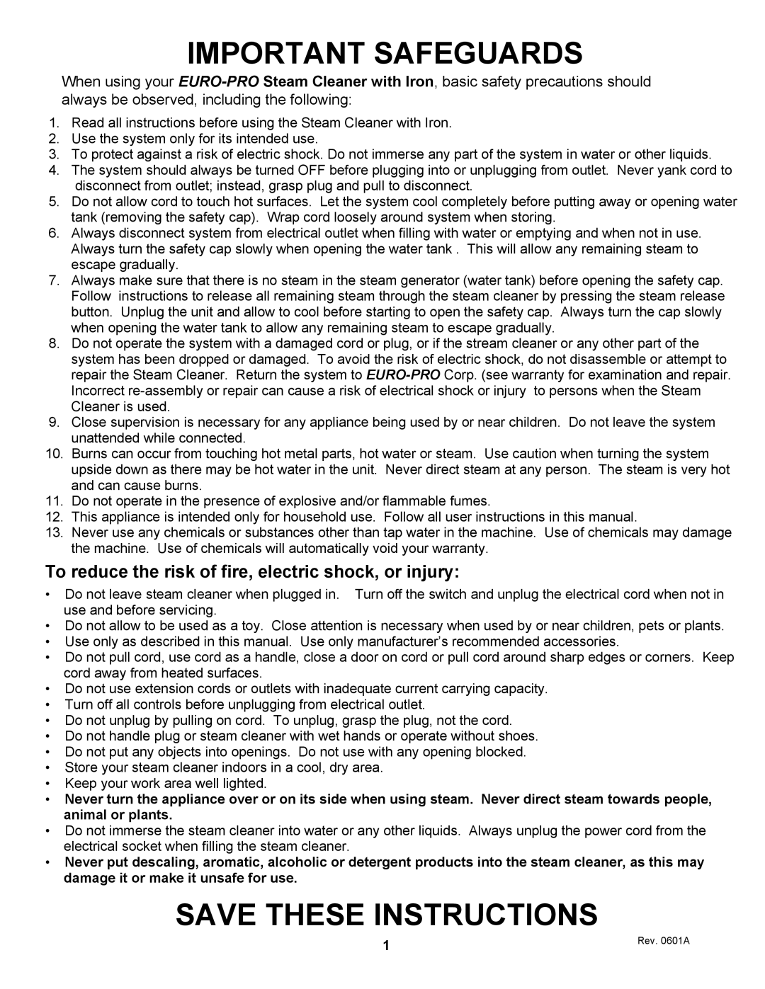 Euro-Pro EP965 warranty Important Safeguards, To reduce the risk of fire, electric shock, or injury 