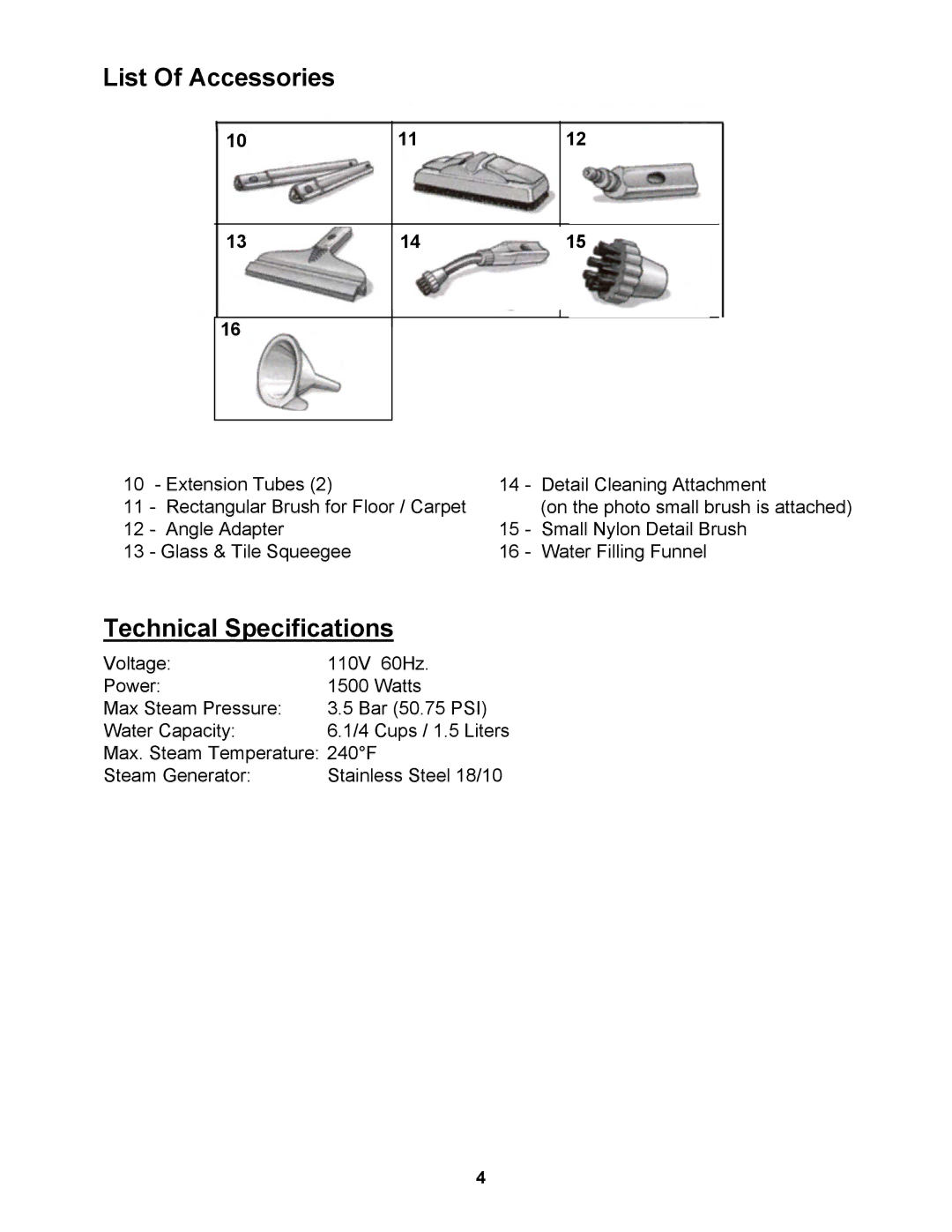 Euro-Pro EP965 warranty List Of Accessories, Technical Specifications 