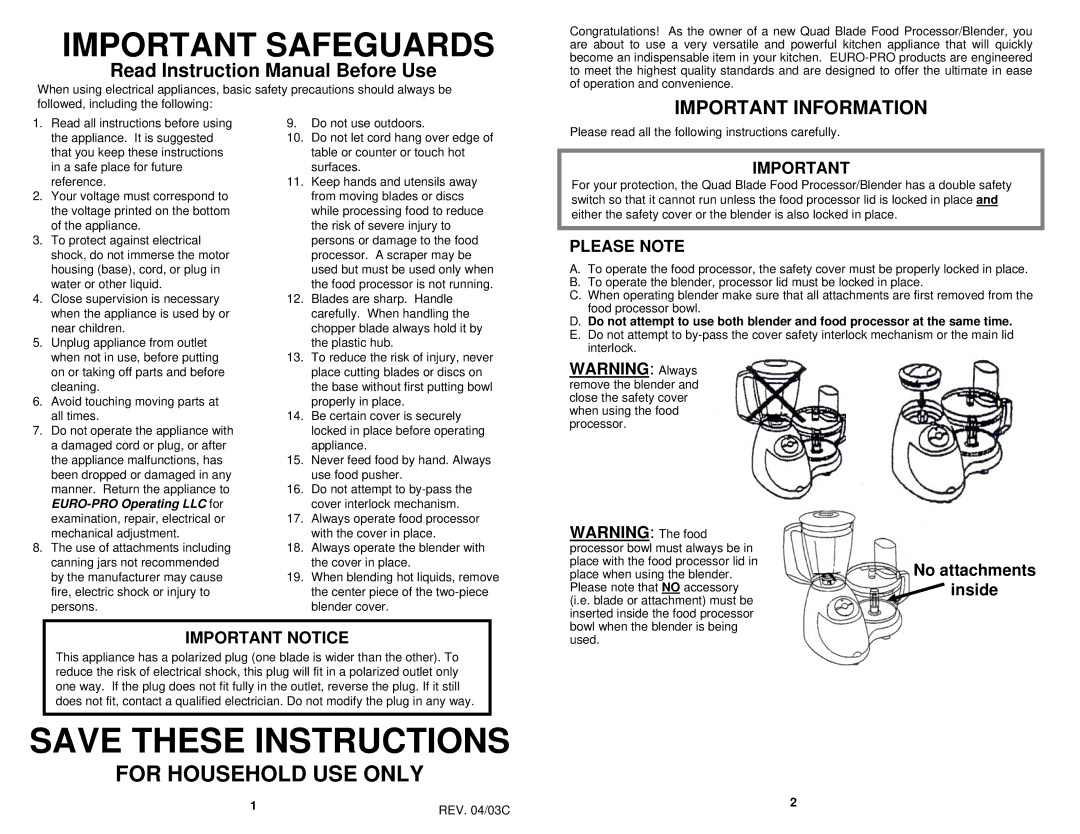 Euro-Pro EP96W owner manual Important Information, REV /03C 