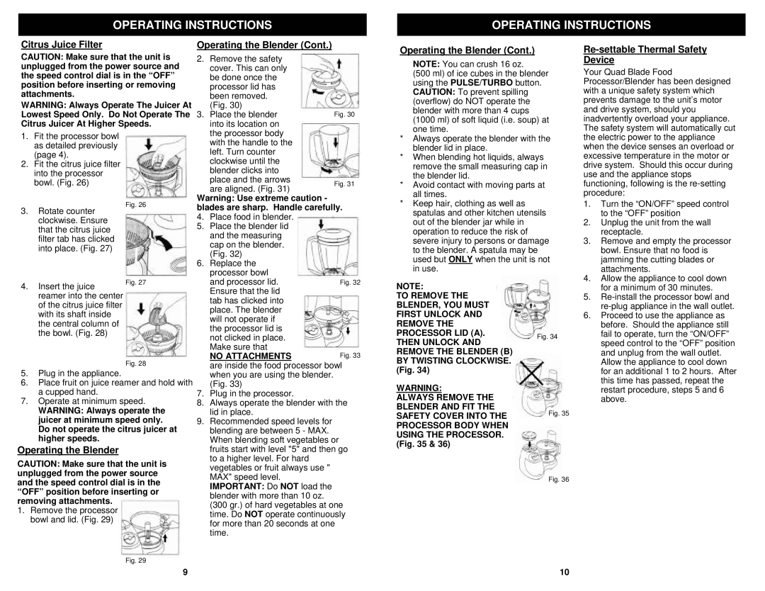 Euro-Pro EP96W owner manual Citrus Juice Filter, Operating the Blender, Re-settable Thermal Safety Device 