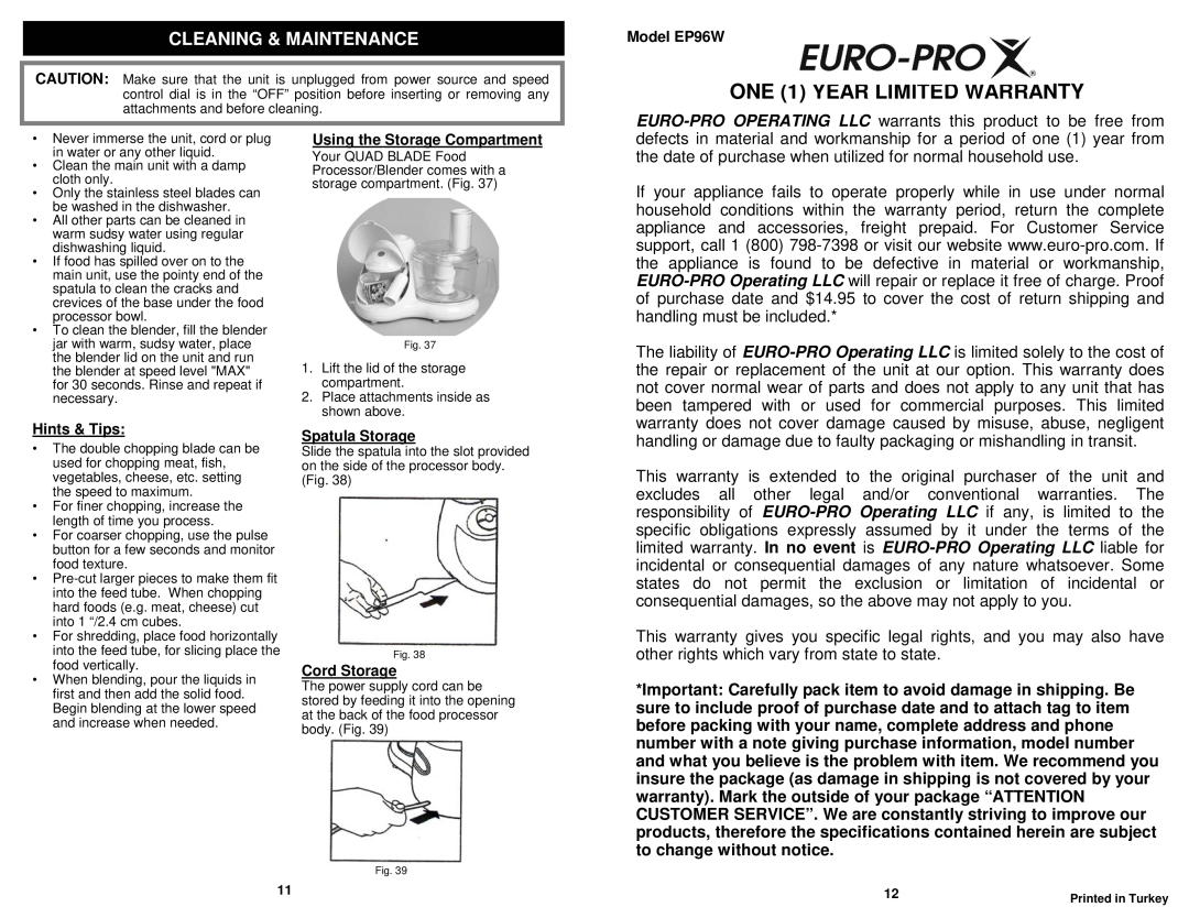 Euro-Pro EP96W owner manual ONE 1 YEAR LIMITED WARRANTY, Cleaning & Maintenance 