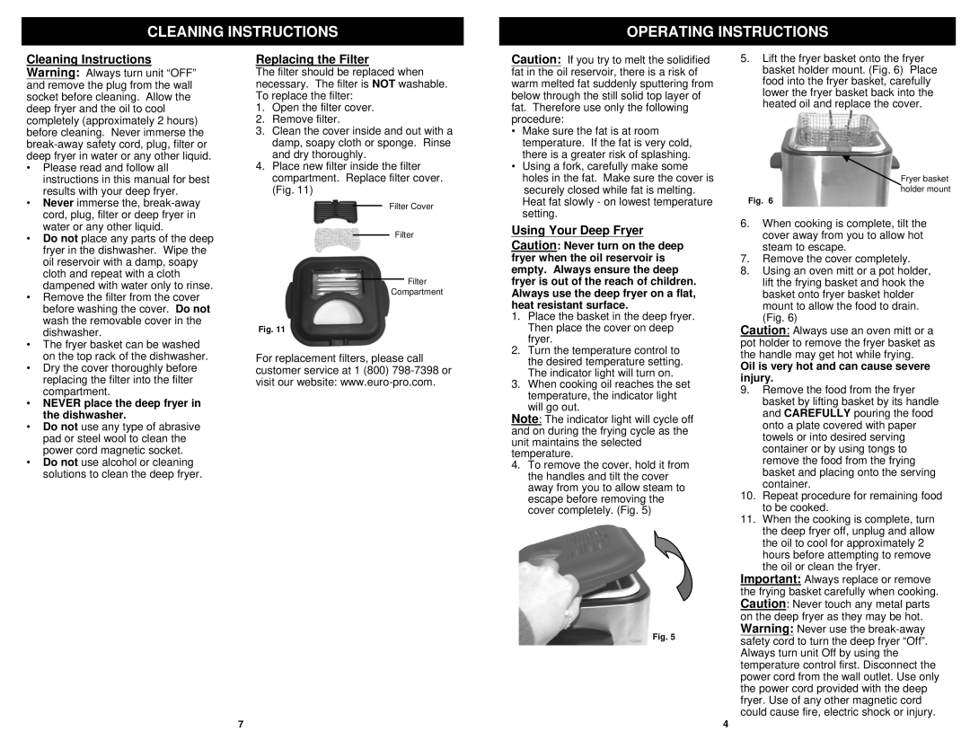 Euro-Pro F1042 owner manual Cleaning Instructions Operating Instructions, Replacing the Filter 