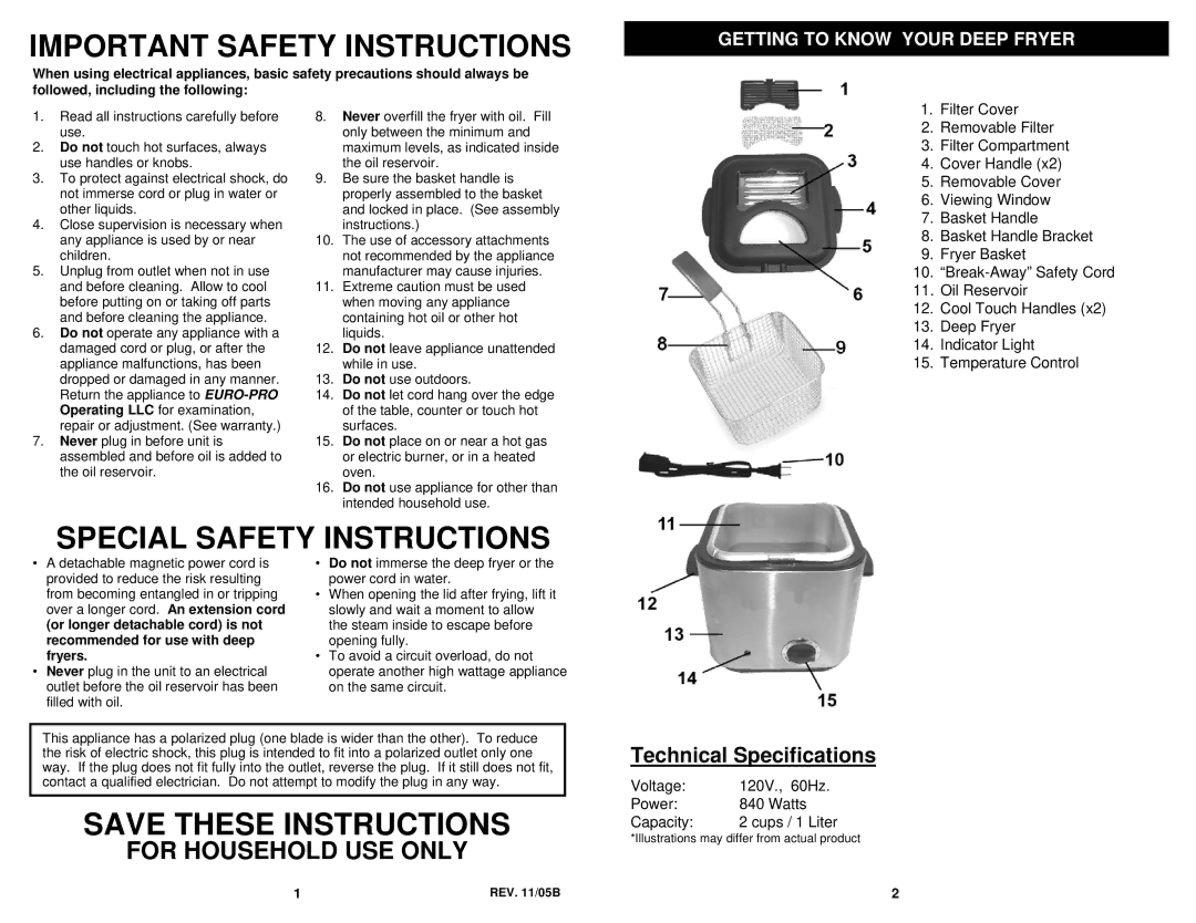 Euro-Pro F1042 For Household USE only, Getting to Know Your Deep Fryer, Or longer detachable cord is not, Fryers 