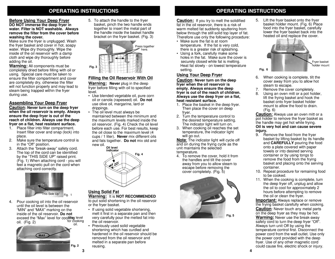 Euro-Pro F1042 owner manual Operating Instructions, Before Using Your Deep Fryer, Using Solid Fat 