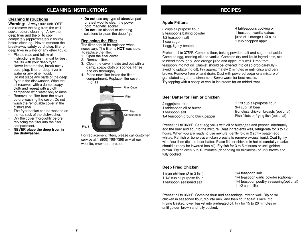 Euro-Pro F1042 Cleaning Instructions Recipes, Replacing the Filter, Apple Fritters, Beer Batter for Fish or Chicken 