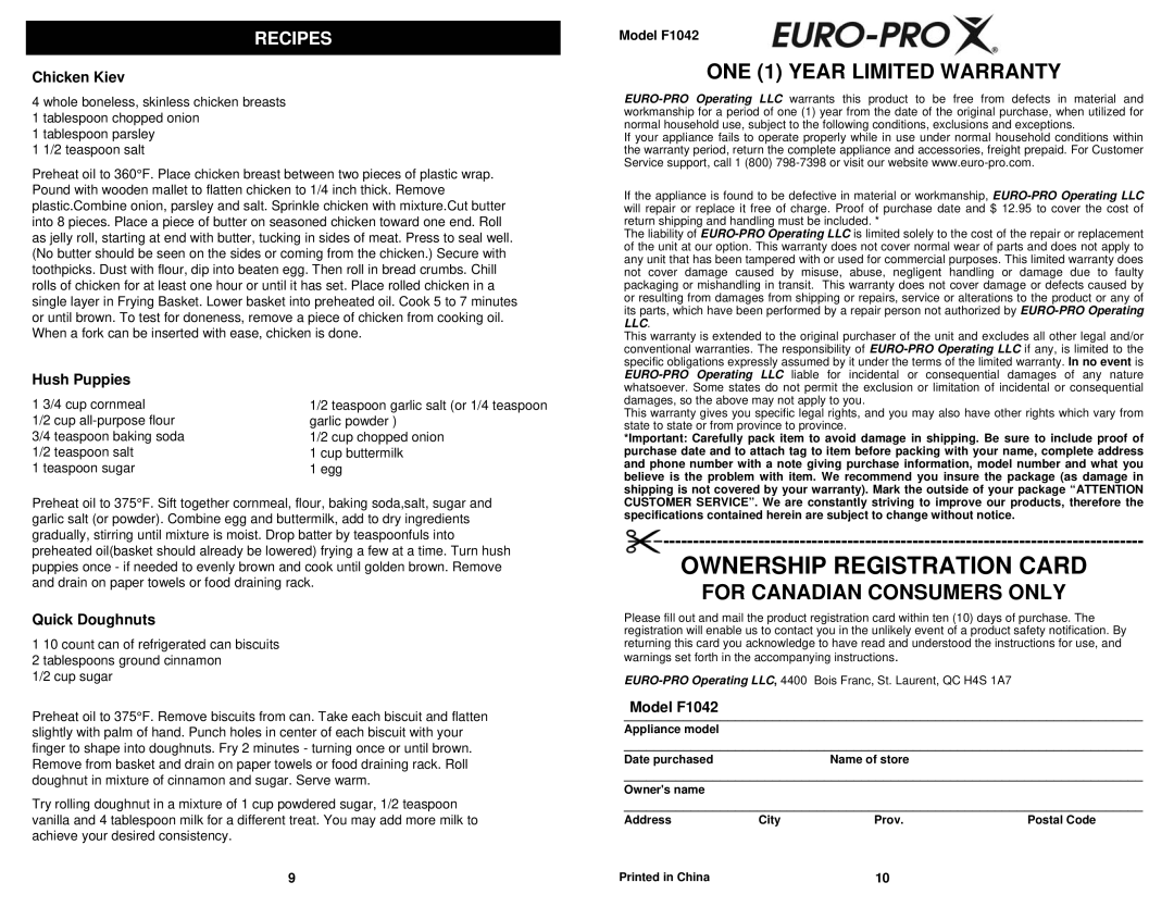 Euro-Pro owner manual Ownership Registration Card, Chicken Kiev, Hush Puppies, Quick Doughnuts, Model F1042 