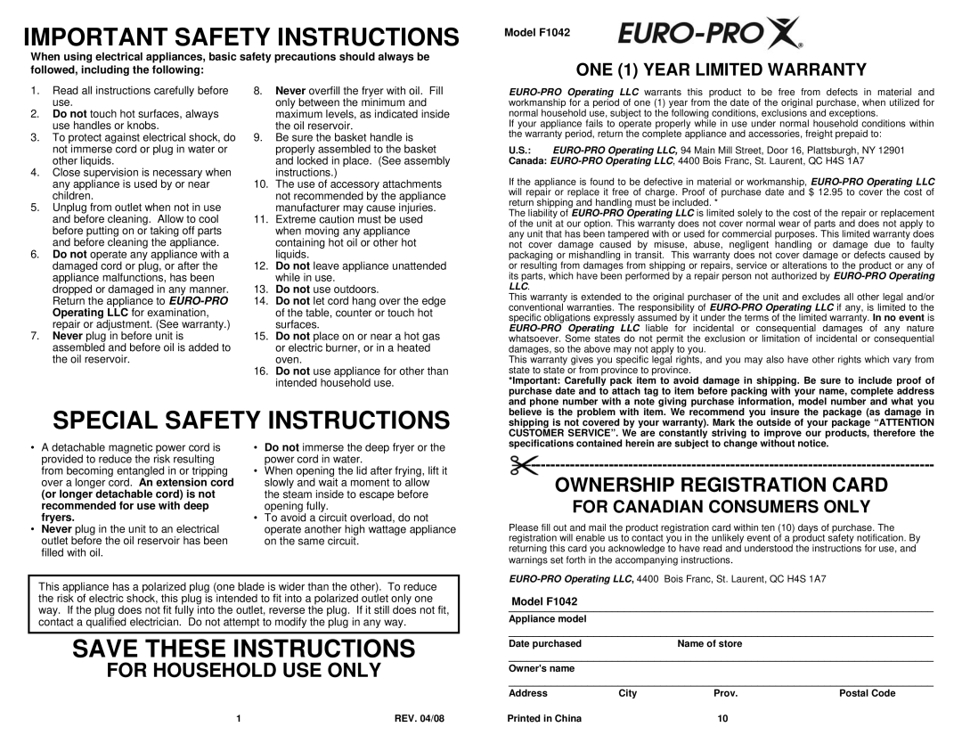 Euro-Pro F1042 owner manual ONE 1 YEAR LIMITED WARRANTY, For Canadian Consumers Only, Important Safety Instructions 