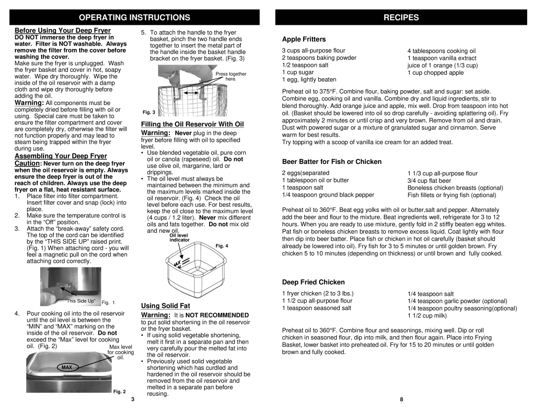 Euro-Pro F1042 Operating Instructions, Before Using Your Deep Fryer, Apple Fritters, Beer Batter for Fish or Chicken 