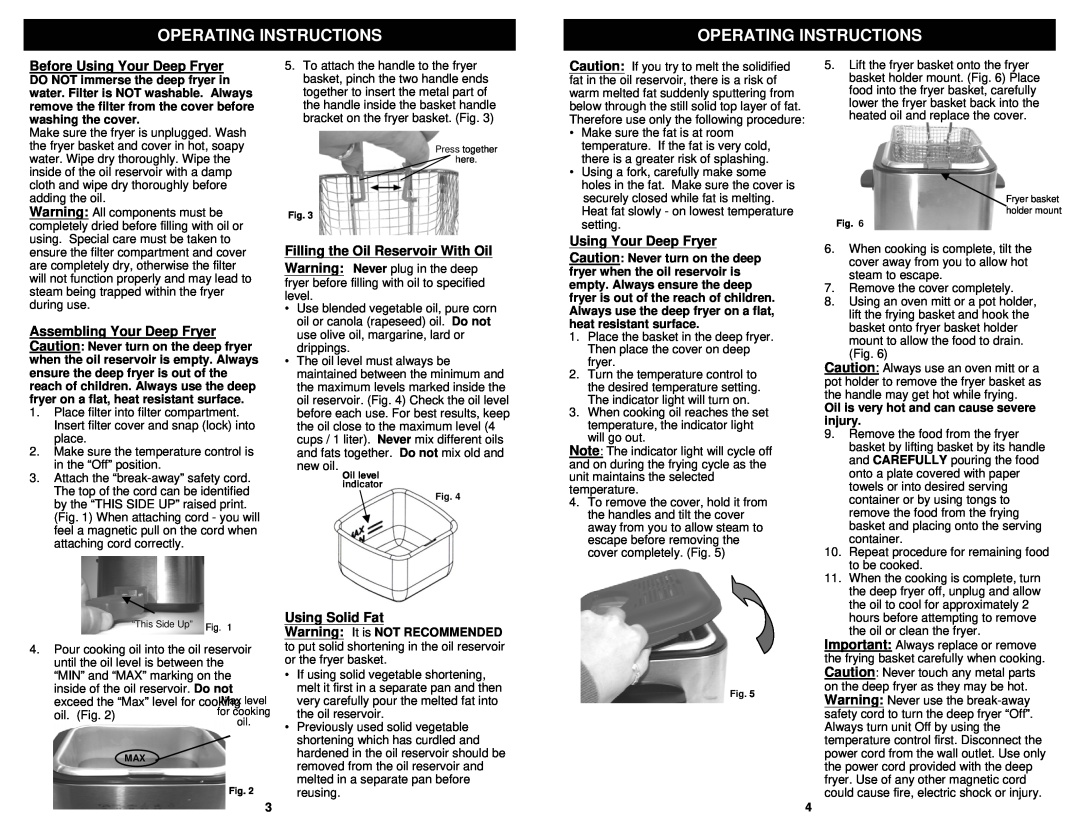Euro-Pro F1042 Operating Instructions, Before Using Your Deep Fryer, Using Solid Fat, Warning It is NOT RECOMMENDED 