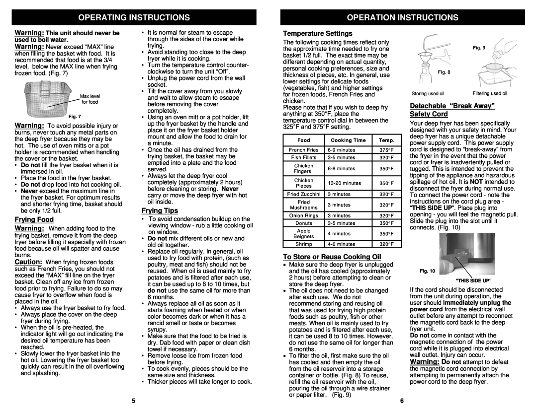 Euro-Pro F1042 Operation Instructions, Frying Food, Frying Tips, Temperature Settings, To Store or Reuse Cooking Oil 