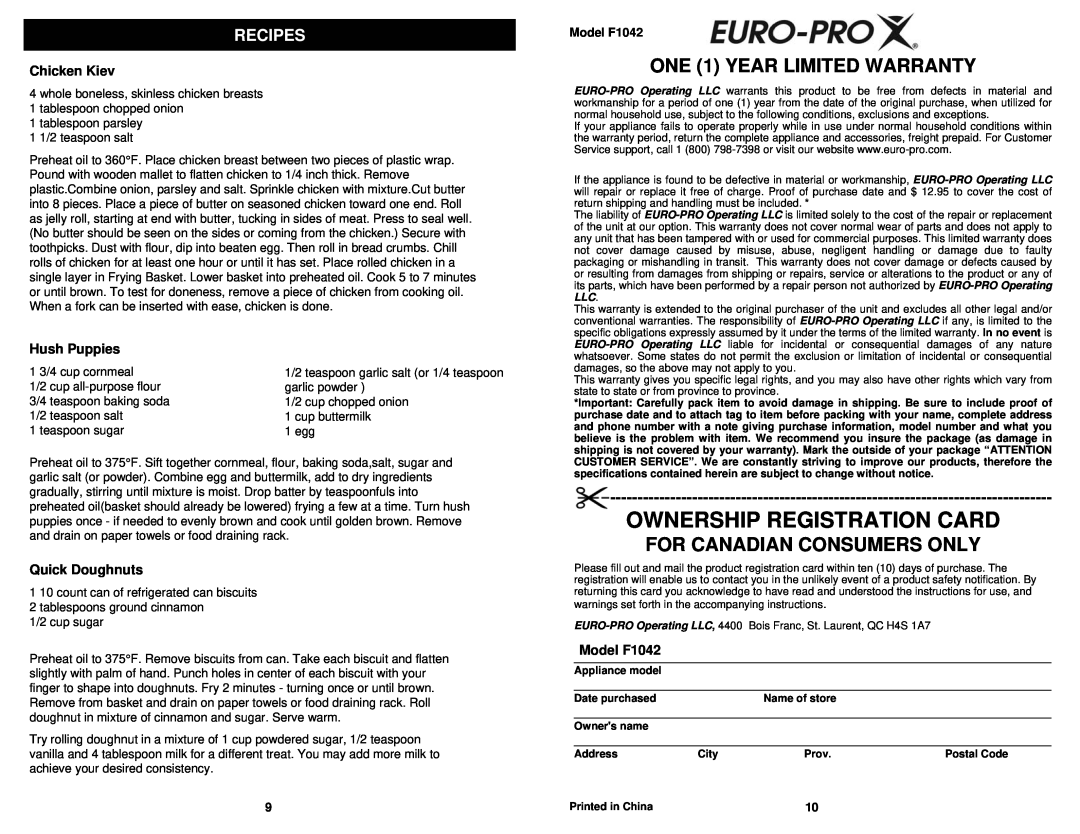 Euro-Pro F1042 Ownership Registration Card, ONE 1 YEAR LIMITED WARRANTY, For Canadian Consumers Only, Chicken Kiev 